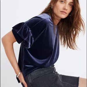 Madewell Velvet Ruffle-Sleeve Tee Size S Navy